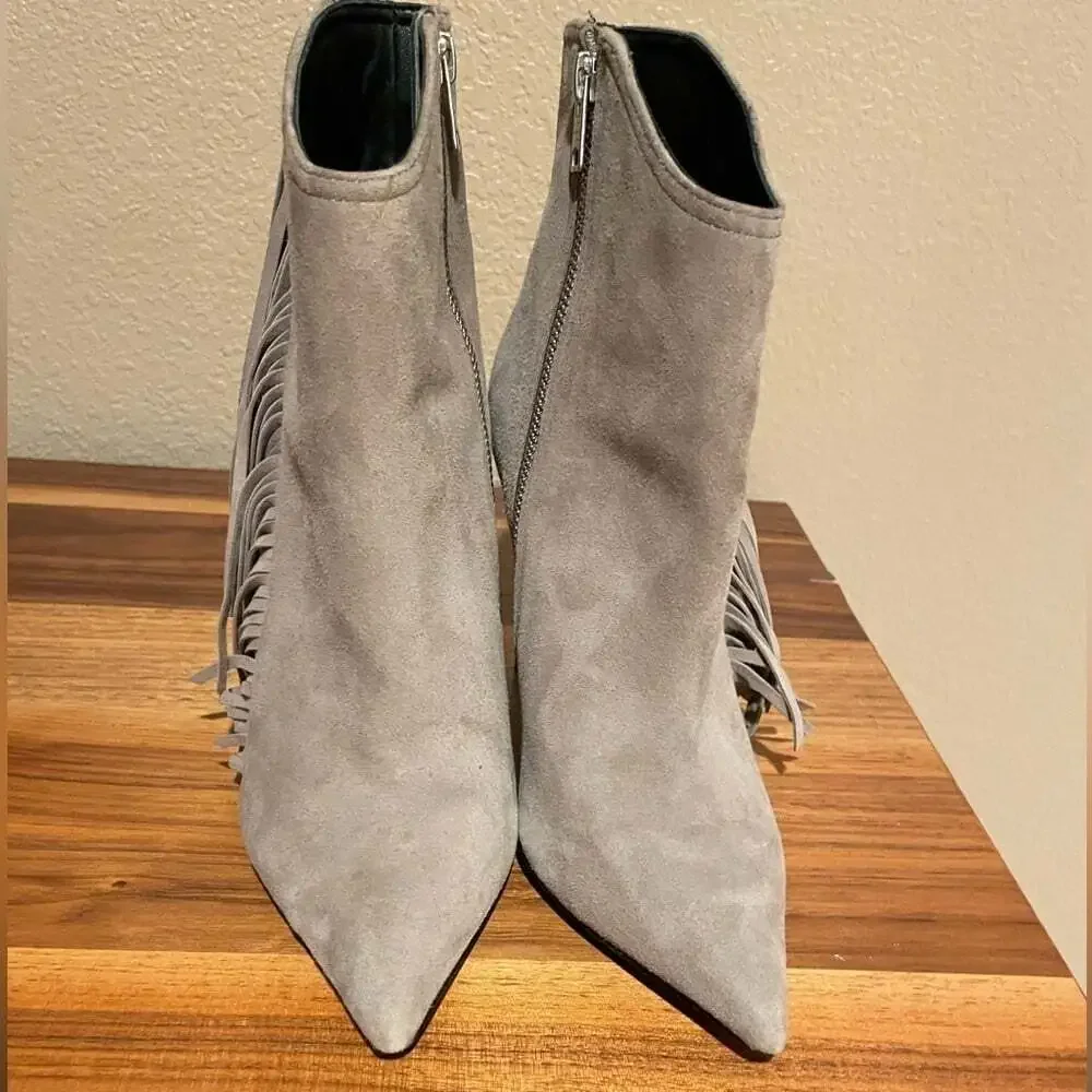 All Saints Gray Fall Fringe Suede Ankle Booties Sz 7